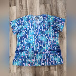 Blue Candy Cane Christmad Scrub Top